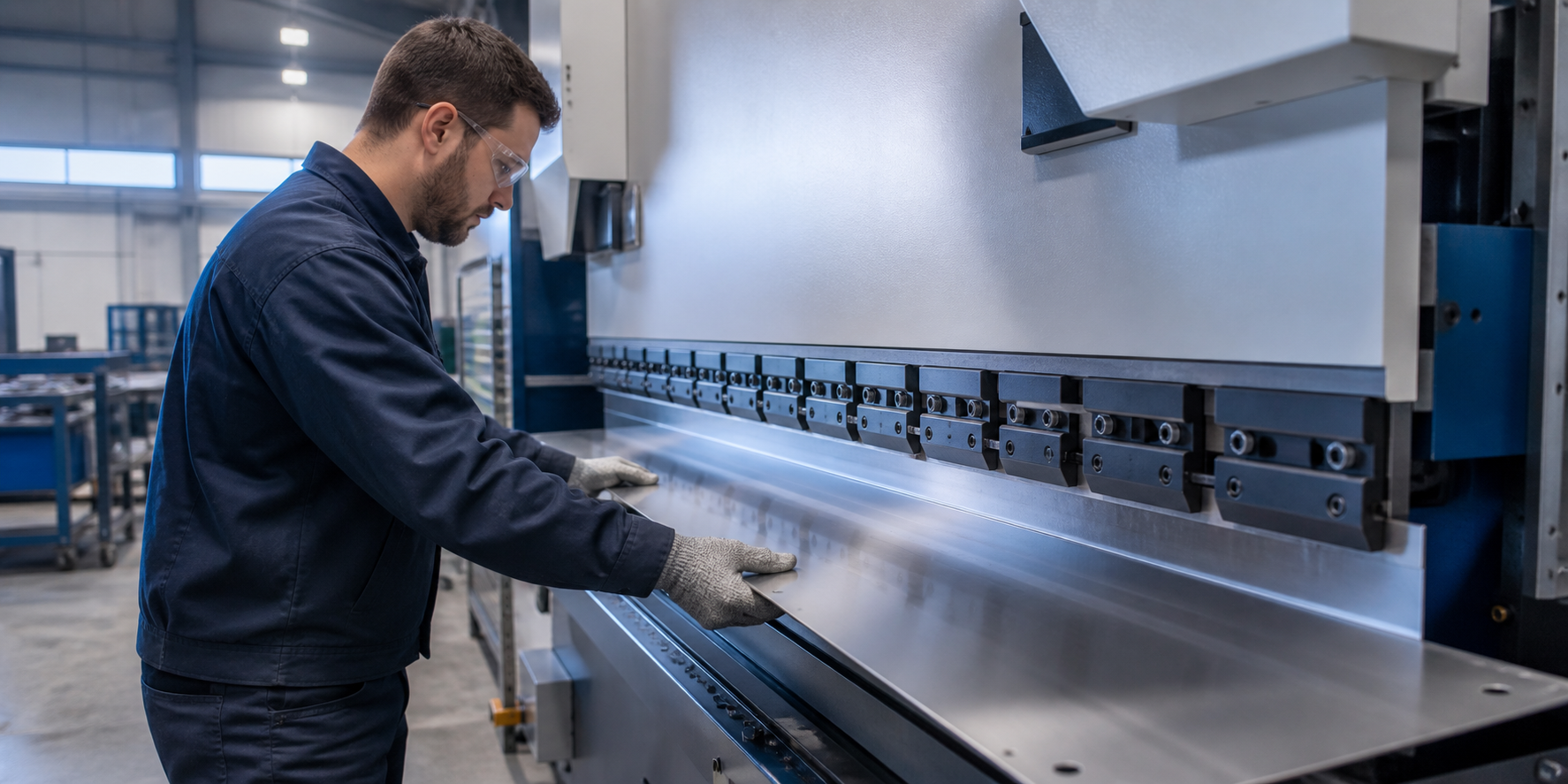 Vakman plooit een RVS plaat op een kantbank - installatiepartner van Robinne Inox