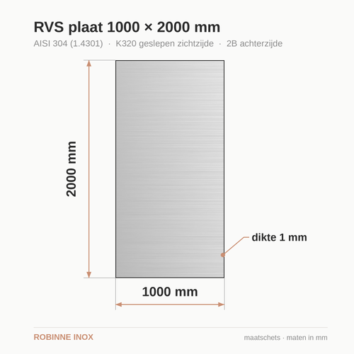 Maatschets RVS plaat AISI 304, 1000 bij 2000 mm, dikte 1 mm